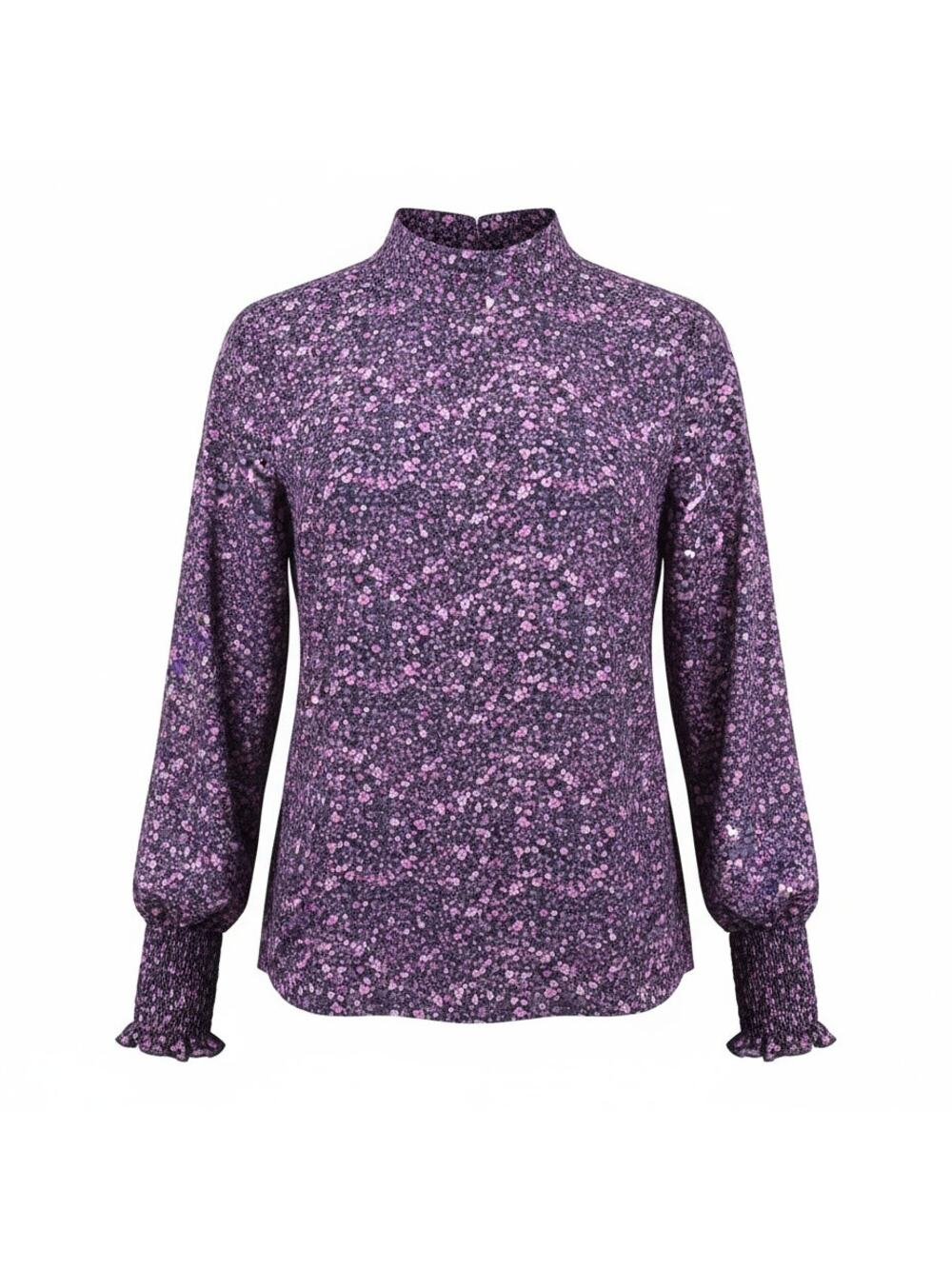 SHEIN Black Long Sleeved Mock Neck Blouse with Pink & Purple Floral Print Medium